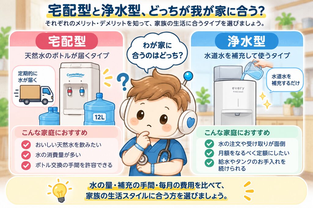 「宅配型と浄水型、どっち?」の比較図