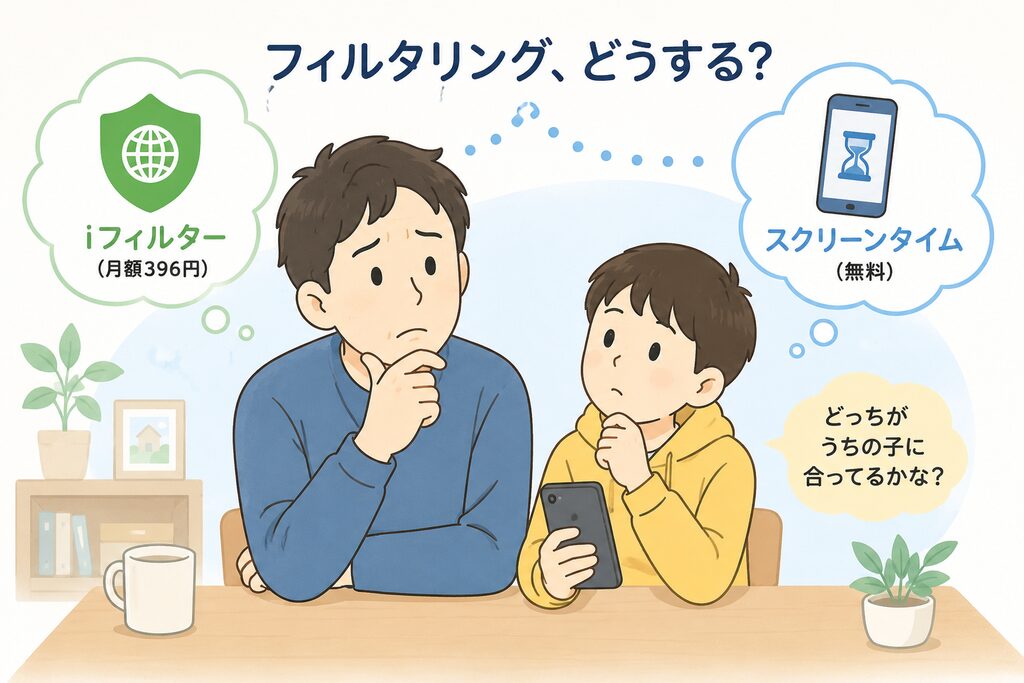 「フィルタリング、どうする?」の親子イラスト