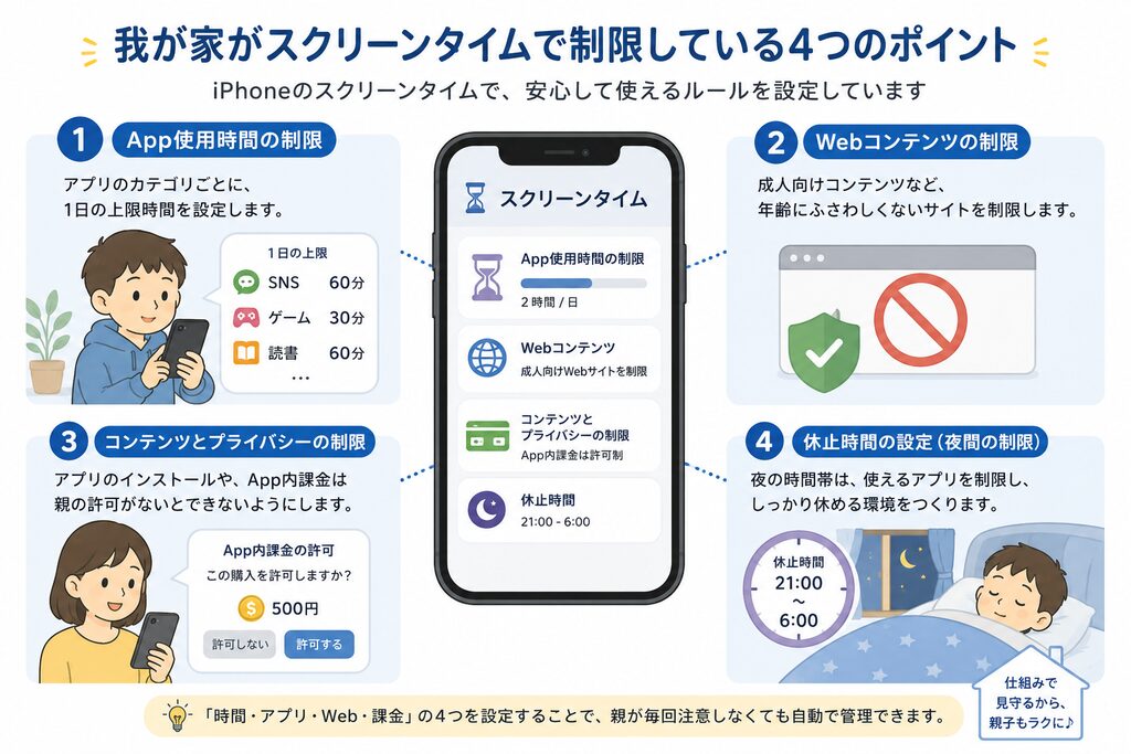 「我が家がスクリーンタイムで制限している4つ」の図