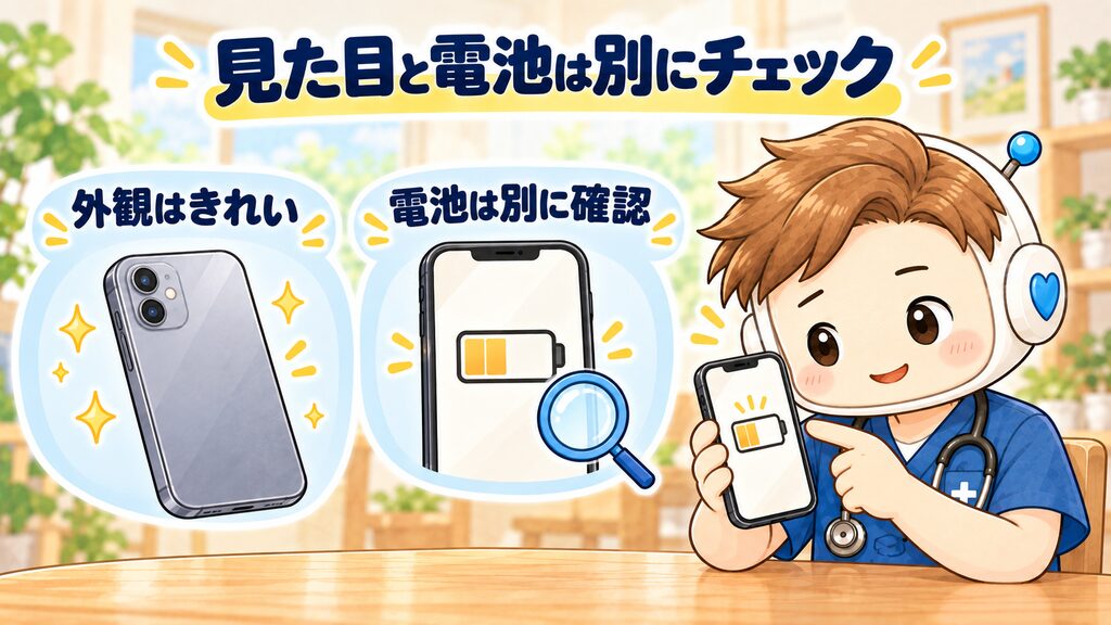 パパがスマホの電池状態を確認。外観がきれいでも電池は別に確認することを表現