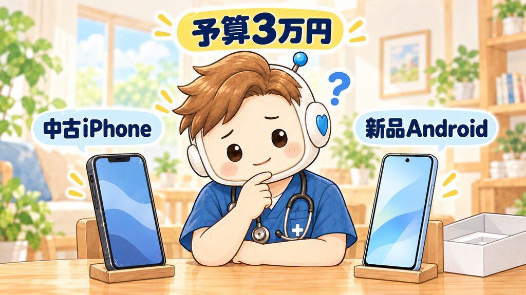 看護師パパが、中古iPhoneと新品Androidを見比べて悩む場面